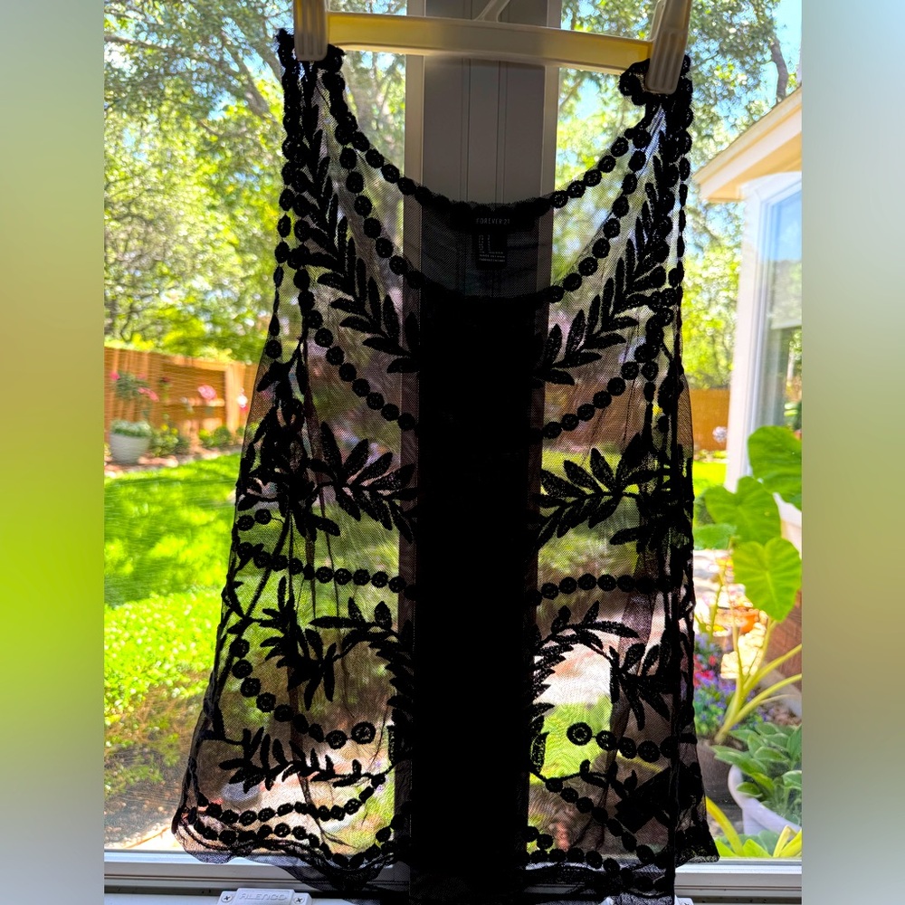 Forever 21 S Black Sheer Embroidered Tank Top
